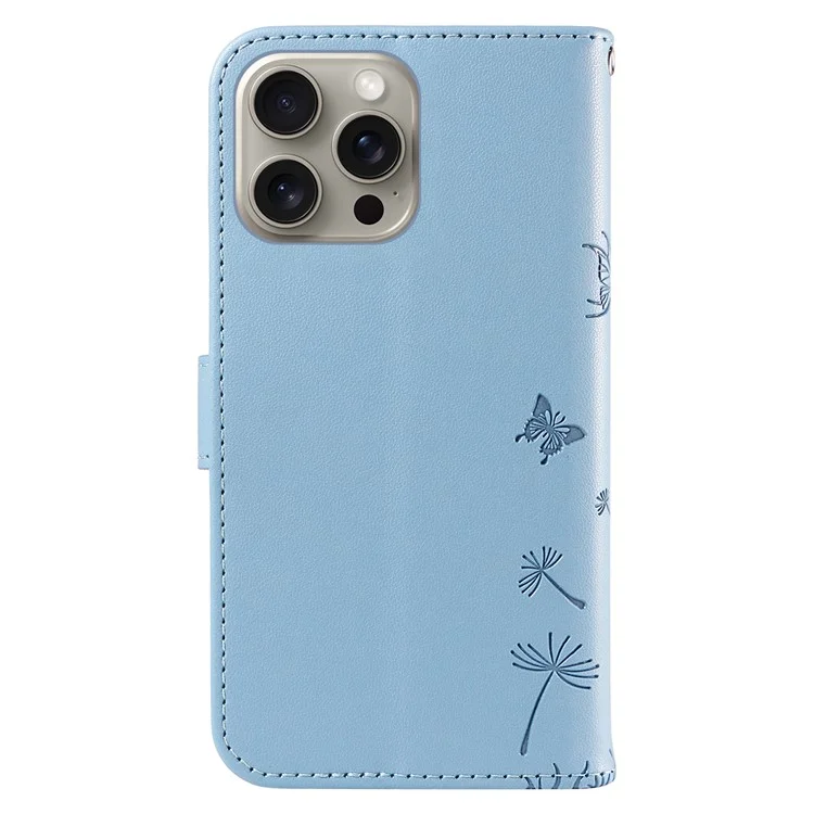 Für iPhone 15 Pro Lederhülle Brieftasche Handyhülle Löwenzahn-Prägung - Himmelblau