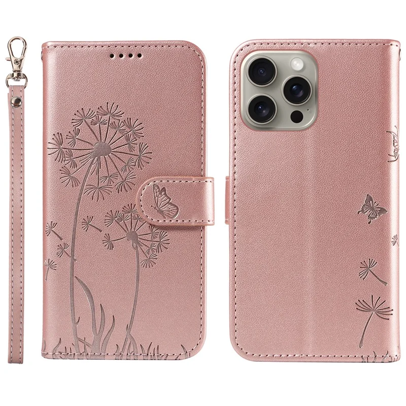 For iPhone 15 Pro Leather Case Wallet Phone Cover Dandelion Imprint - Rose Gold