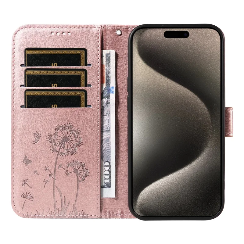 For iPhone 15 Pro Leather Case Wallet Phone Cover Dandelion Imprint - Rose Gold