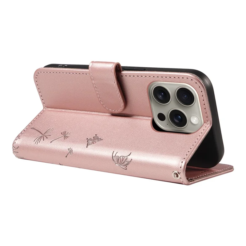 For iPhone 15 Pro Leather Case Wallet Phone Cover Dandelion Imprint - Rose Gold
