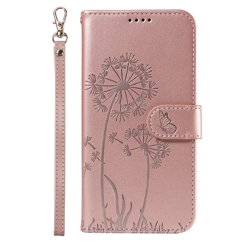 For iPhone 15 Pro Leather Case Wallet Phone Cover Dandelion Imprint - Rose Gold