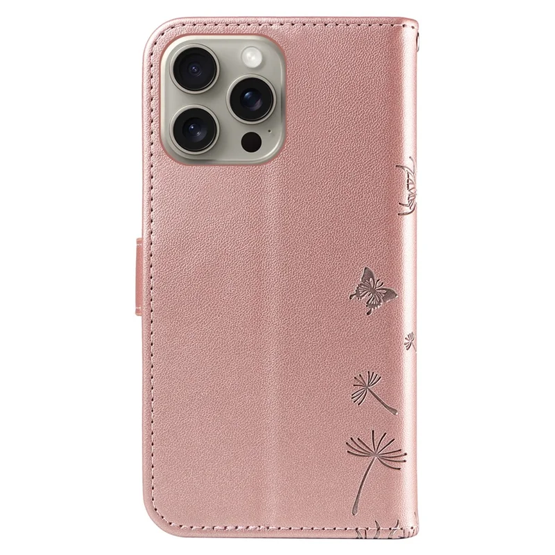 For iPhone 15 Pro Leather Case Wallet Phone Cover Dandelion Imprint - Rose Gold