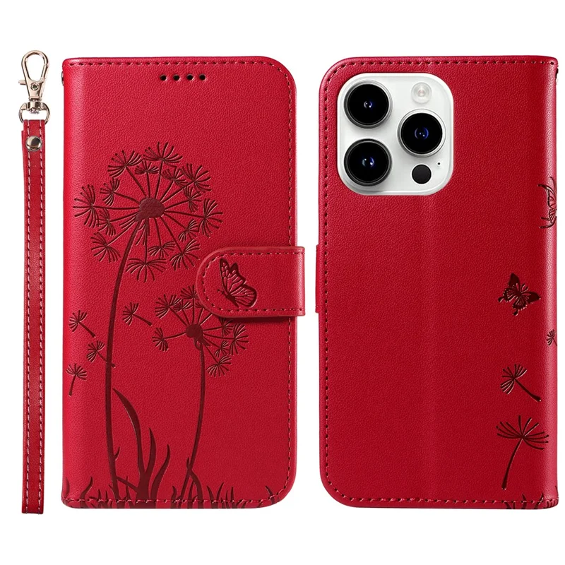 For iPhone 14 Pro Max Leather Case Wallet Phone Cover Dandelion Imprint - Red