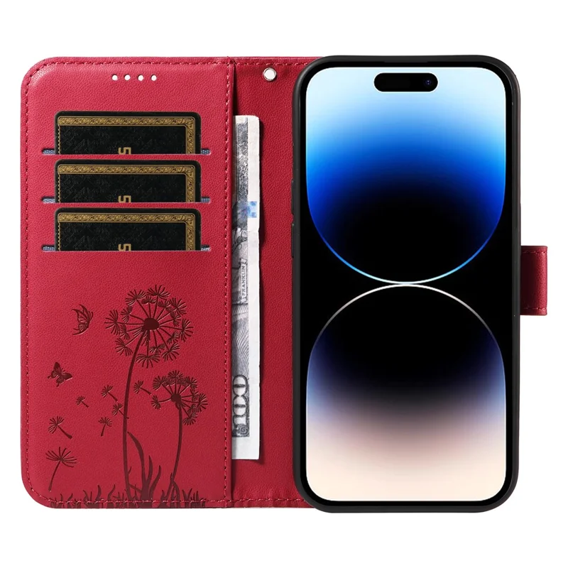 For iPhone 14 Pro Max Leather Case Wallet Phone Cover Dandelion Imprint - Red