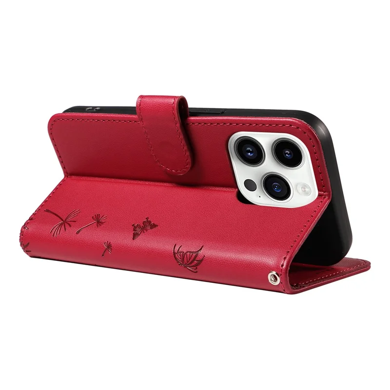 For iPhone 14 Pro Max Leather Case Wallet Phone Cover Dandelion Imprint - Red