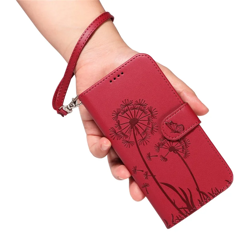 For iPhone 14 Pro Max Leather Case Wallet Phone Cover Dandelion Imprint - Red