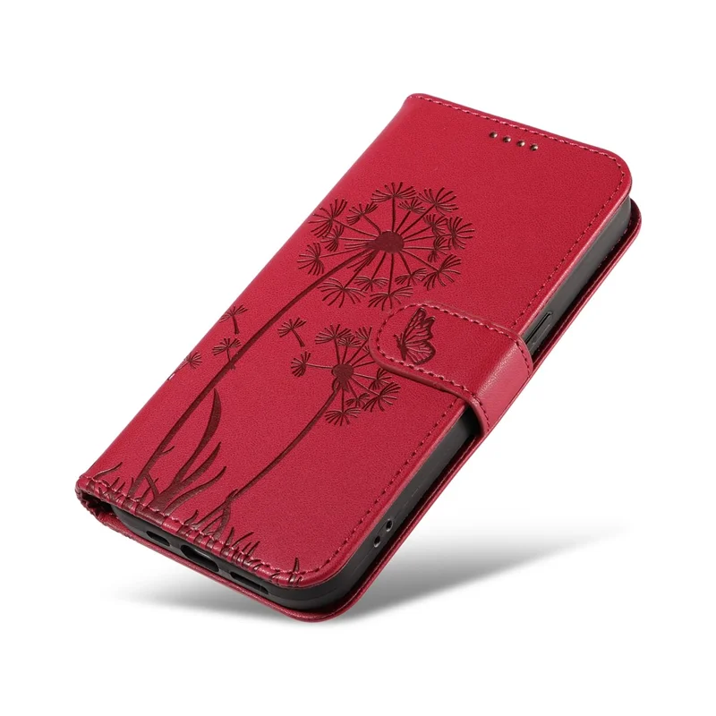 For iPhone 14 Pro Max Leather Case Wallet Phone Cover Dandelion Imprint - Red