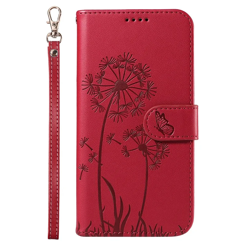 For iPhone 14 Pro Max Leather Case Wallet Phone Cover Dandelion Imprint - Red