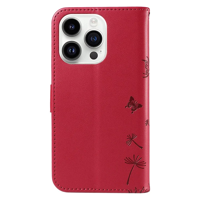 For iPhone 14 Pro Max Leather Case Wallet Phone Cover Dandelion Imprint - Red