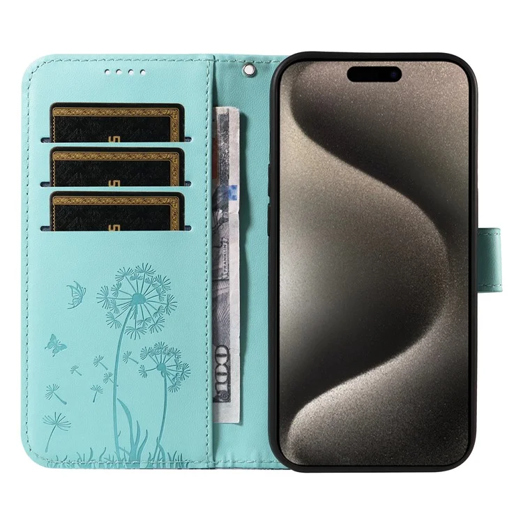 Für iPhone 15 Pro Max Lederhülle Brieftasche Handyhülle Löwenzahn-Prägung - Grün