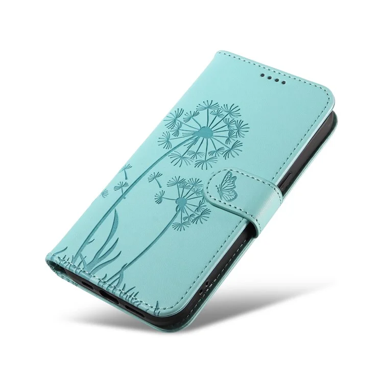 Für iPhone 15 Pro Max Lederhülle Brieftasche Handyhülle Löwenzahn-Prägung - Grün