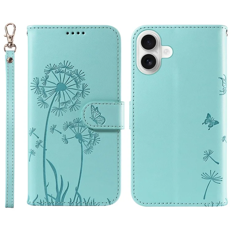 Étui portefeuille en cuir pour iPhone 16 avec motif de pissenlit - Vert
