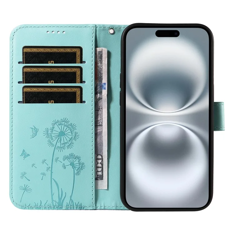 Étui portefeuille en cuir pour iPhone 16 avec motif de pissenlit - Vert