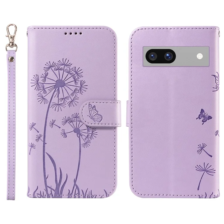 For Google Pixel 7a Leather Case Wallet Phone Cover Dandelion Imprint - Purple