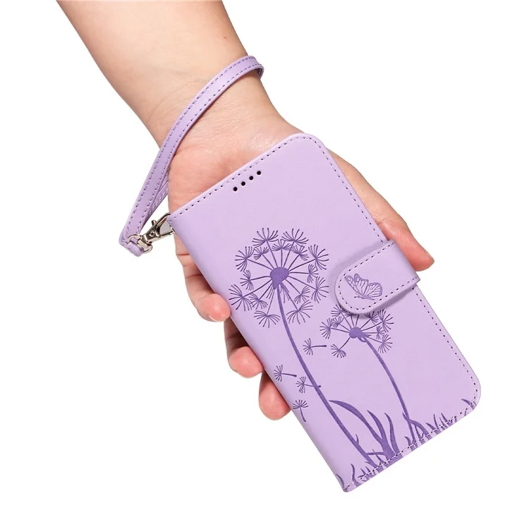For Google Pixel 7a Leather Case Wallet Phone Cover Dandelion Imprint - Purple