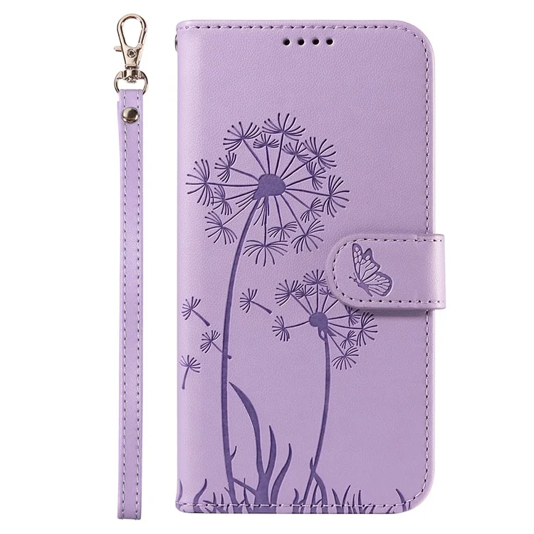 For Google Pixel 7a Leather Case Wallet Phone Cover Dandelion Imprint - Purple