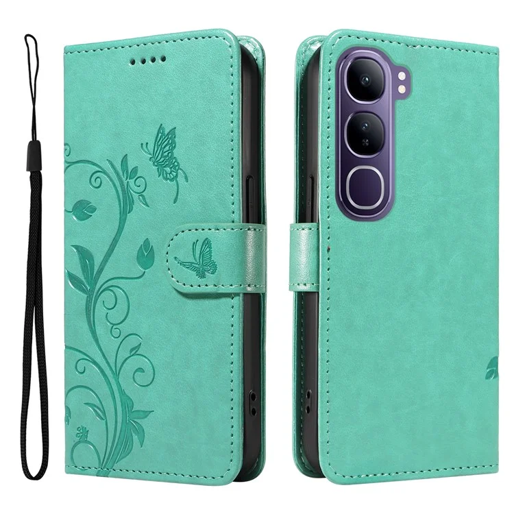 For vivo V40 Lite (Indonesia) 5G / V40 Lite (Indonesia) 4G PU Leather Cases Flower Pattern Wallet Stand Phone Cover with Strap - Green