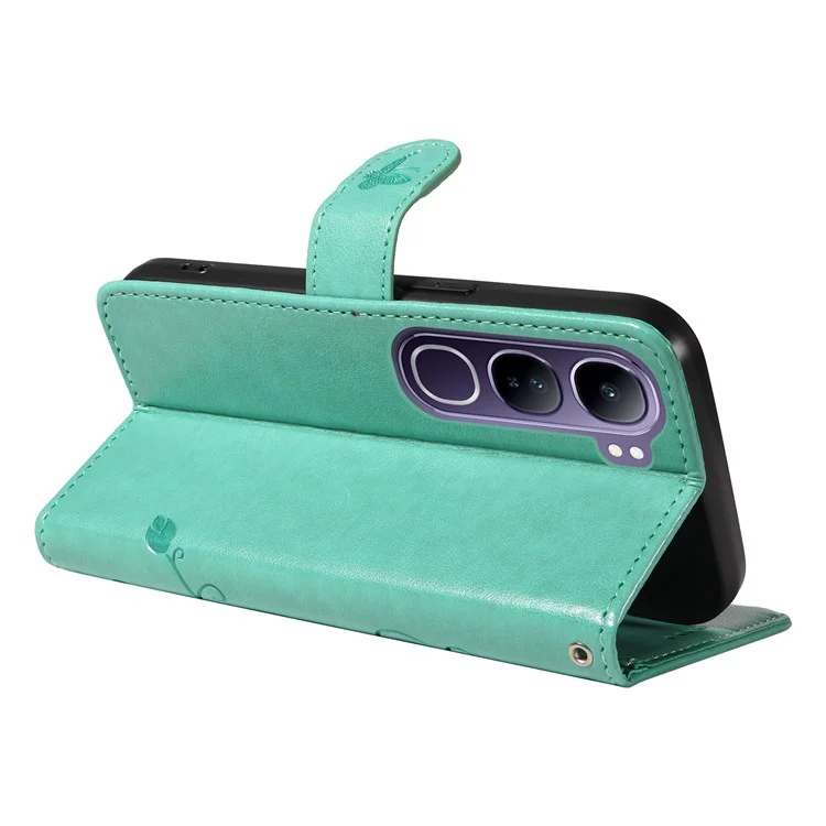 For vivo V40 Lite (Indonesia) 5G / V40 Lite (Indonesia) 4G PU Leather Cases Flower Pattern Wallet Stand Phone Cover with Strap - Green