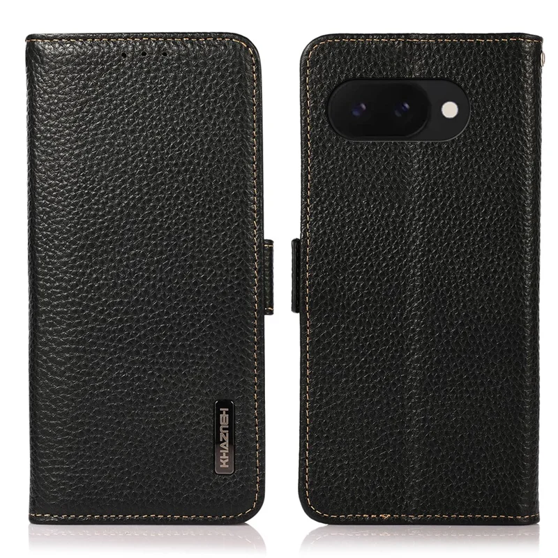 Capa de telefone KHAZNEH para Google Pixel 9a, em couro genuíno de vaca, com bloqueio RFID - Preto
