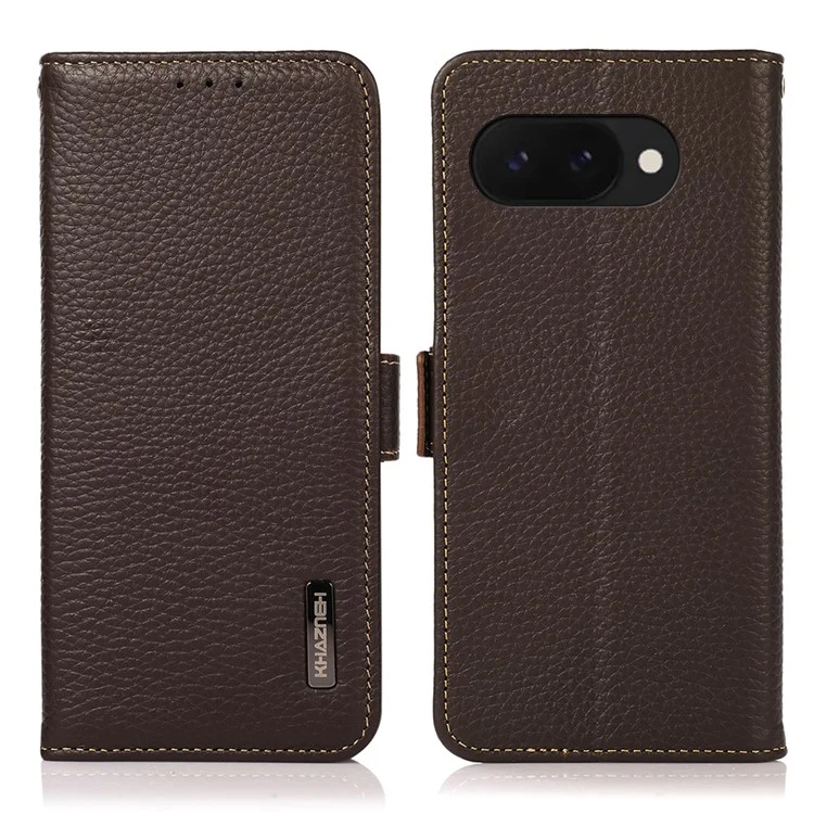 KHAZNEH Capa de couro genuíno de vaca com bloqueio RFID para o Google Pixel 9a - Marrom
