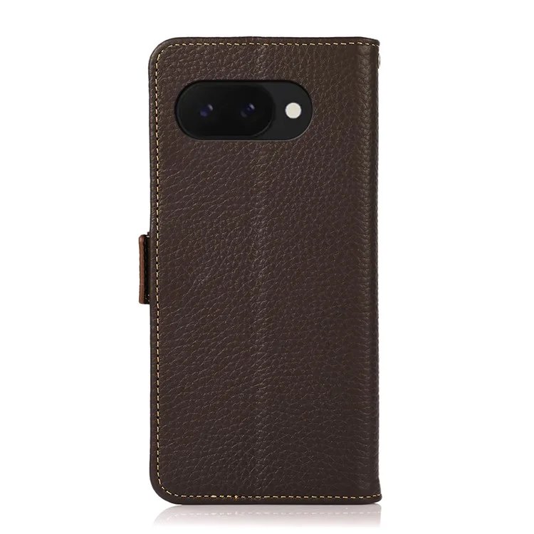 KHAZNEH Capa de couro genuíno de vaca com bloqueio RFID para o Google Pixel 9a - Marrom
