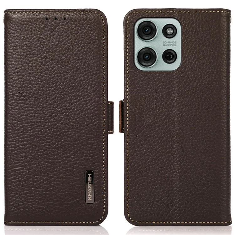 KHAZNEH Capa de couro genuíno de vaca para o telefone Motorola Moto G75 5G com bloqueio RFID - Marrom