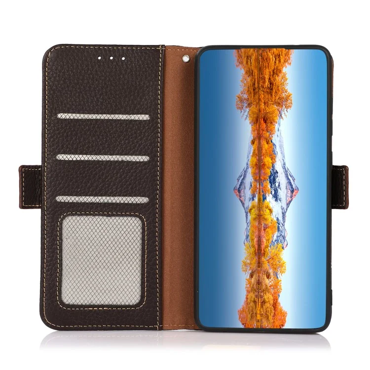 KHAZNEH Capa de couro genuíno de vaca para o telefone Motorola Moto G75 5G com bloqueio RFID - Marrom