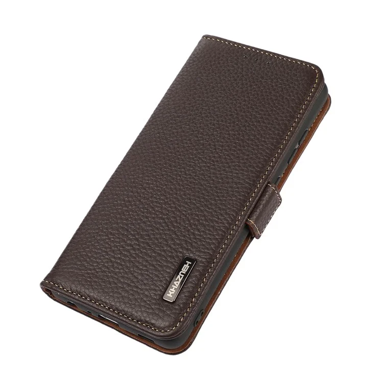 KHAZNEH Capa de couro genuíno de vaca para o telefone Motorola Moto G75 5G com bloqueio RFID - Marrom