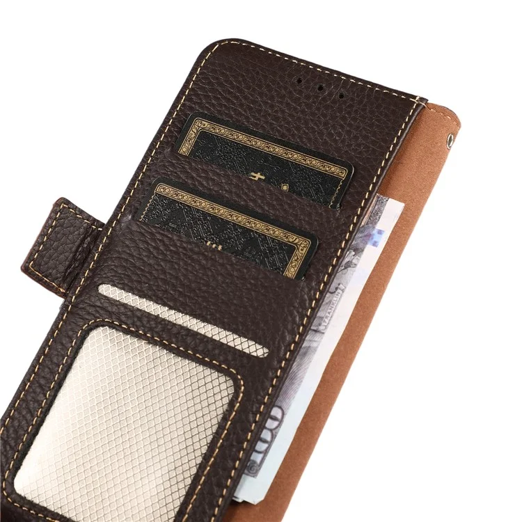 KHAZNEH Capa de couro genuíno de vaca para o telefone Motorola Moto G75 5G com bloqueio RFID - Marrom