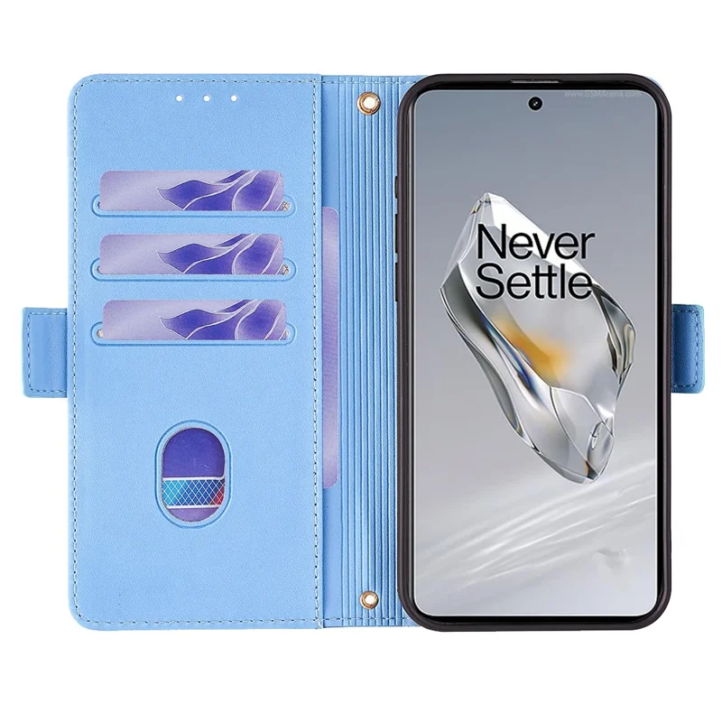 For OnePlus 12 5G Leather Wallet Case RFID Blocking Stand Cover with Hand Strap - Blue