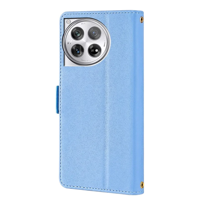 For OnePlus 12 5G Leather Wallet Case RFID Blocking Stand Cover with Hand Strap - Blue