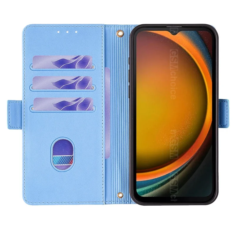 For Samsung Galaxy Xcover7 Leather Wallet Case RFID Blocking Stand Cover with Hand Strap - Blue