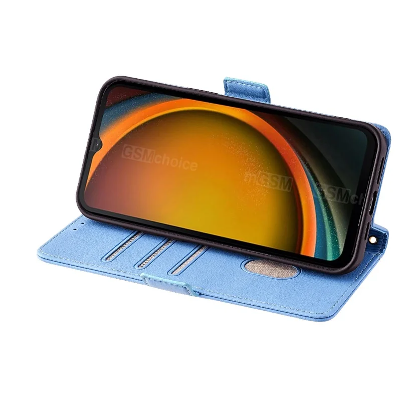 For Samsung Galaxy Xcover7 Leather Wallet Case RFID Blocking Stand Cover with Hand Strap - Blue