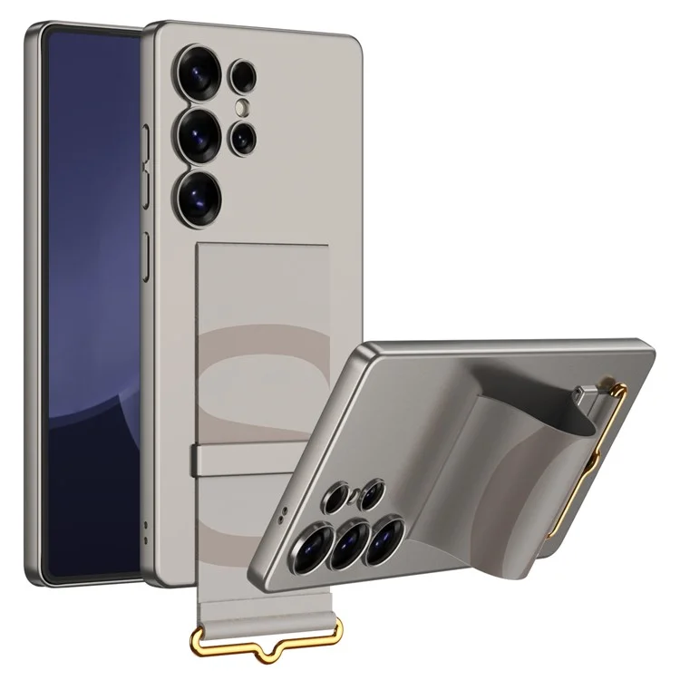 GKK For Samsung Galaxy S25 Ultra Case with Strap Kickstand PU+Hard PC Protective Phone Cover - Titanium Grey