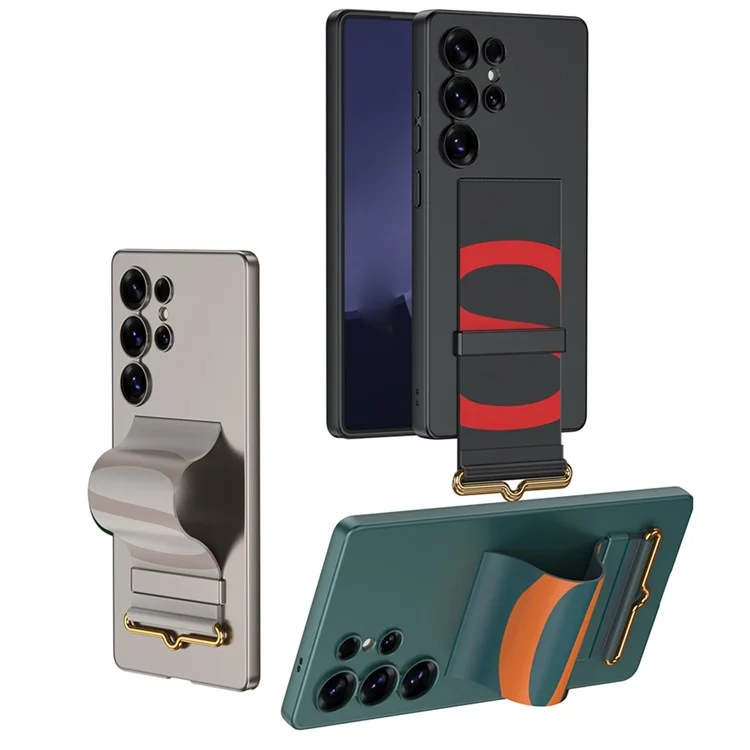 GKK For Samsung Galaxy S25 Ultra Case with Strap Kickstand PU+Hard PC Protective Phone Cover - Titanium Grey