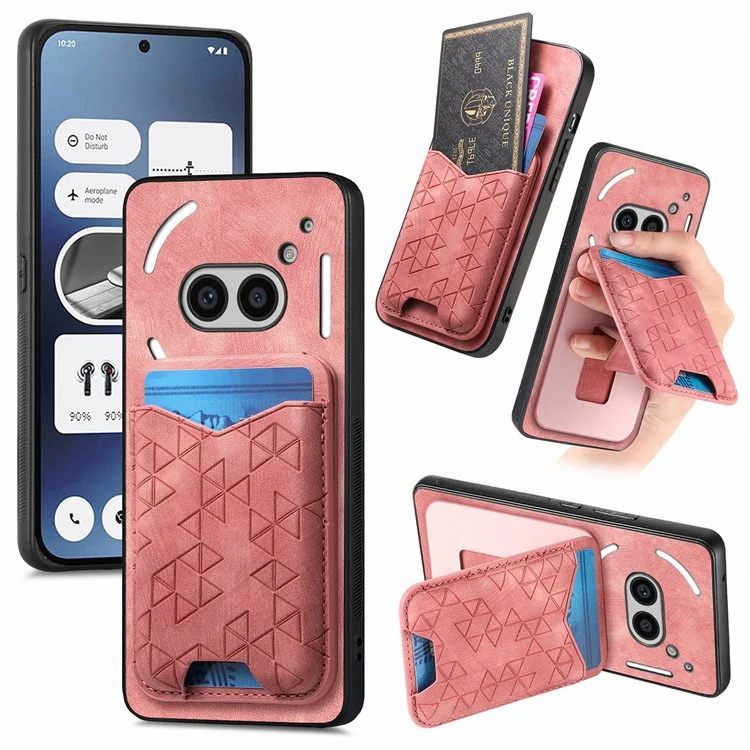 For Nothing Phone (2a) Case Imprinted Pattern Card Holder Kickstand Leather Back Cover - Pink