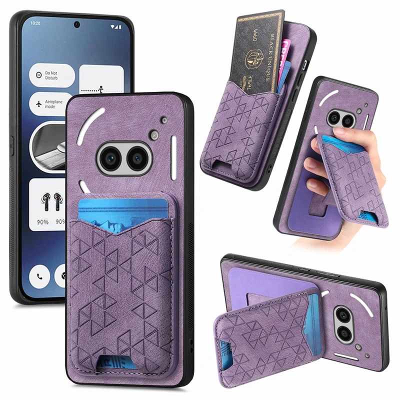 For Nothing Phone (2a) Case Imprinted Pattern Card Holder Kickstand Leather Back Cover - Purple
