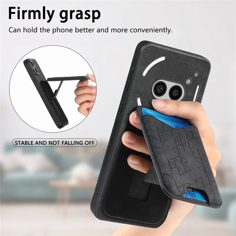 For Nothing Phone (2a) Case Imprinted Pattern Card Holder Kickstand Leather Back Cover - Black