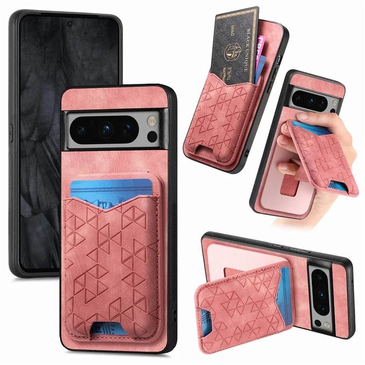 Für Google Pixel 8 Pro Hülle mit geprägtem Muster, Kartenfach, Ständer und Lederrückseite - Pink