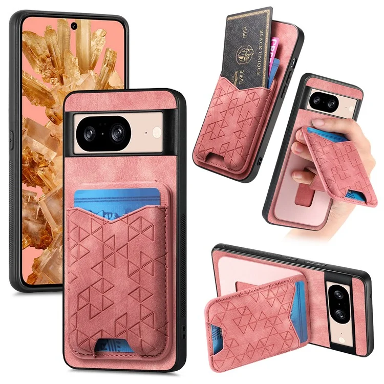 Für Google Pixel 8 Hülle mit geprägtem Muster, Kartenfach, Ständer und Lederrückseite - Pink