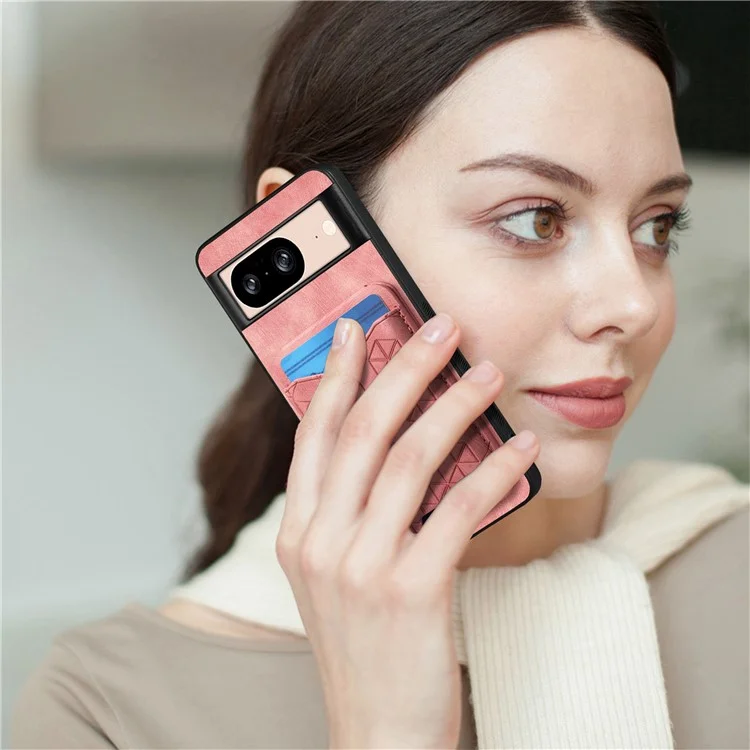 Für Google Pixel 8 Hülle mit geprägtem Muster, Kartenfach, Ständer und Lederrückseite - Pink
