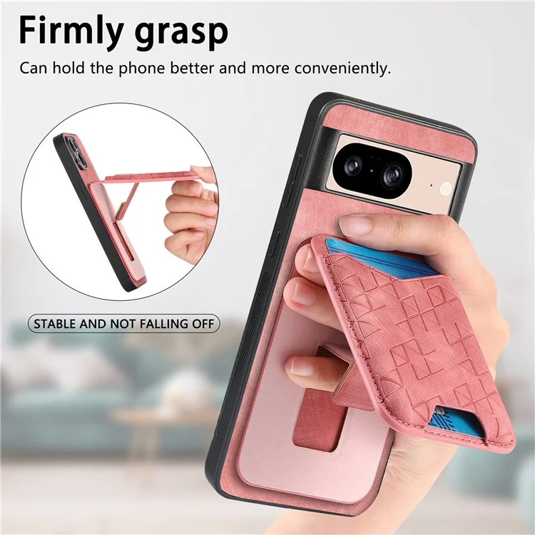 Für Google Pixel 8 Hülle mit geprägtem Muster, Kartenfach, Ständer und Lederrückseite - Pink