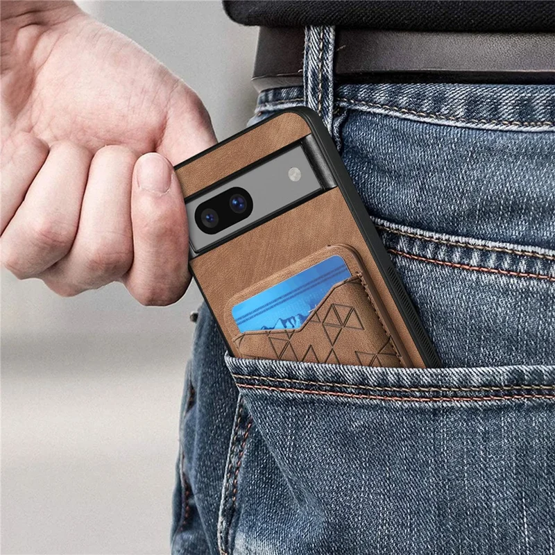 For Google Pixel 7a Case Imprinted Pattern Card Holder Kickstand Leather Back Cover - Brown