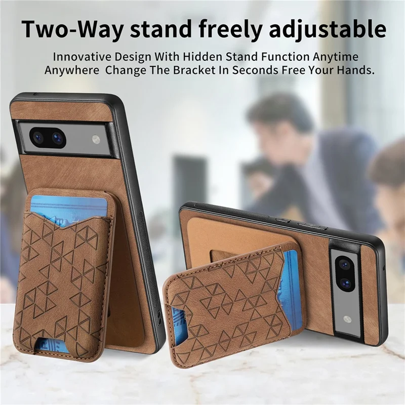 For Google Pixel 7a Case Imprinted Pattern Card Holder Kickstand Leather Back Cover - Brown