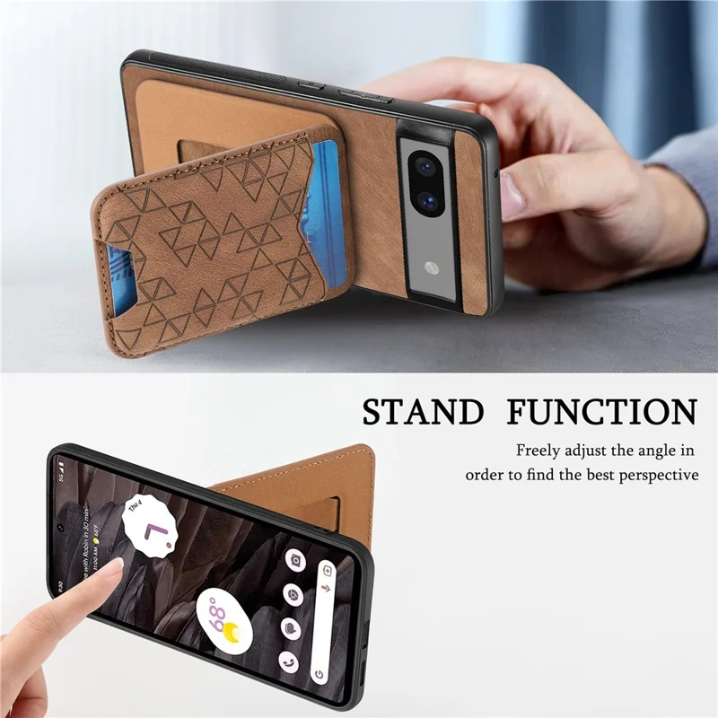 For Google Pixel 7a Case Imprinted Pattern Card Holder Kickstand Leather Back Cover - Brown