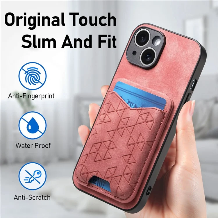 Funda para iPhone 15 con patrón estampado, soporte y bolsillo para tarjetas - Rosa