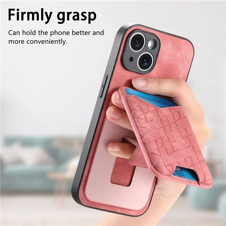 Funda para iPhone 15 con patrón estampado, soporte y bolsillo para tarjetas - Rosa