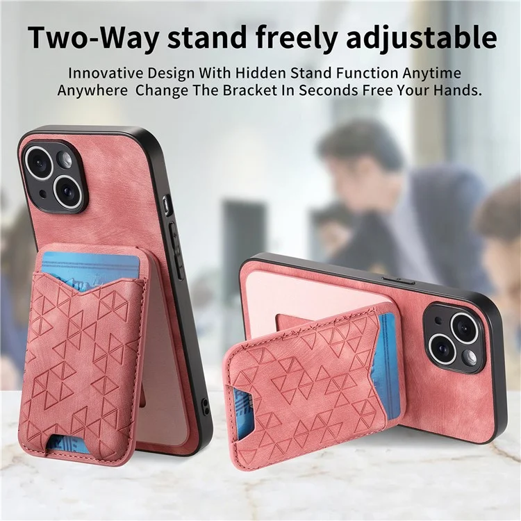Funda para iPhone 15 con patrón estampado, soporte y bolsillo para tarjetas - Rosa