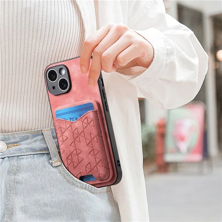 Funda para iPhone 15 con patrón estampado, soporte y bolsillo para tarjetas - Rosa