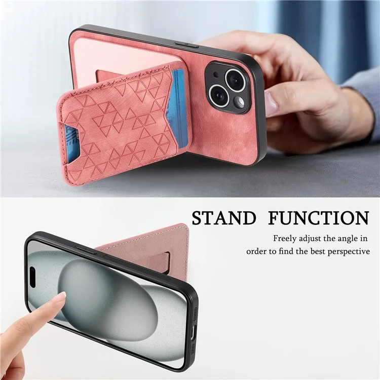 Funda para iPhone 15 con patrón estampado, soporte y bolsillo para tarjetas - Rosa
